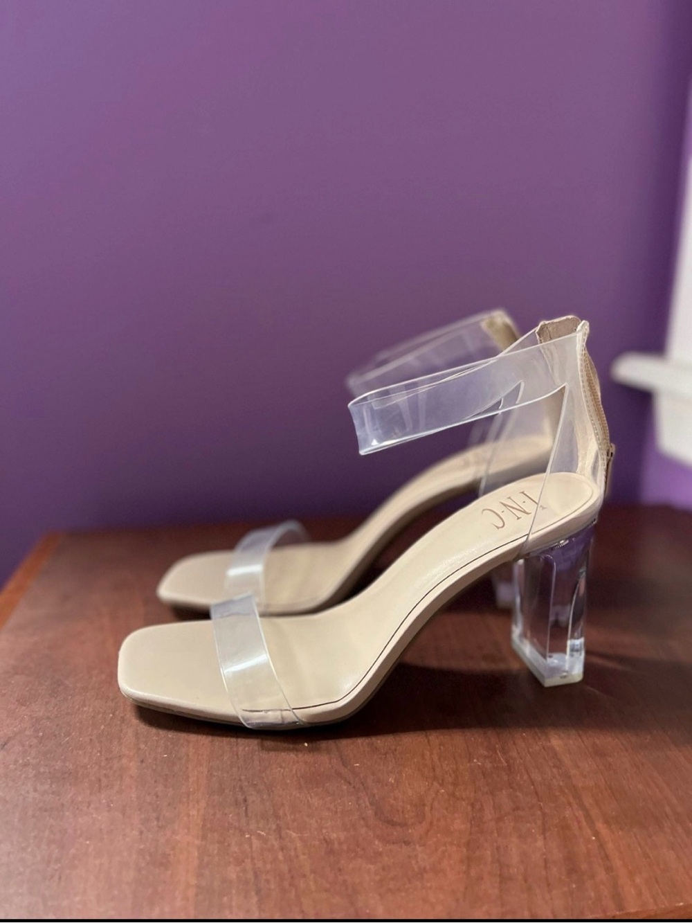 INC International Concepts Clear Vinyl Block Heel Sandals - Beige Footbed